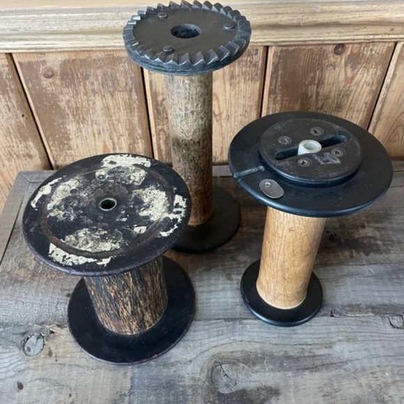 TRIO textile bobbin spools antique vintage decor candle holders - Picture 4 of 4